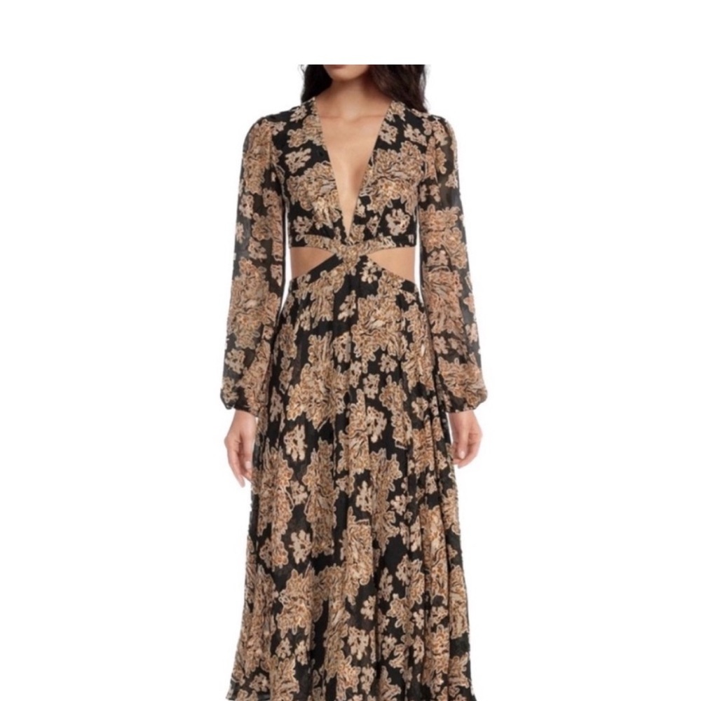 Gianni Bini Black and Tan Floral Long Sleeve Dress